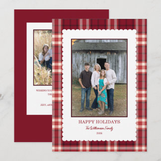Burgundy Plaid Scallop Frame Photo Christmas Holiday Card