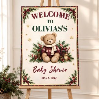 Burgundy Plaid Teddy Bear Christmas Baby Shower Foam Board