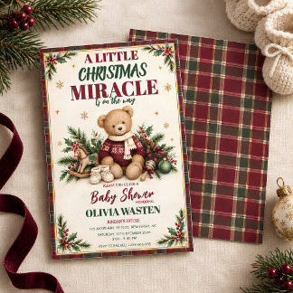 Burgundy Plaid Teddy Bear Christmas Baby Shower Invitation