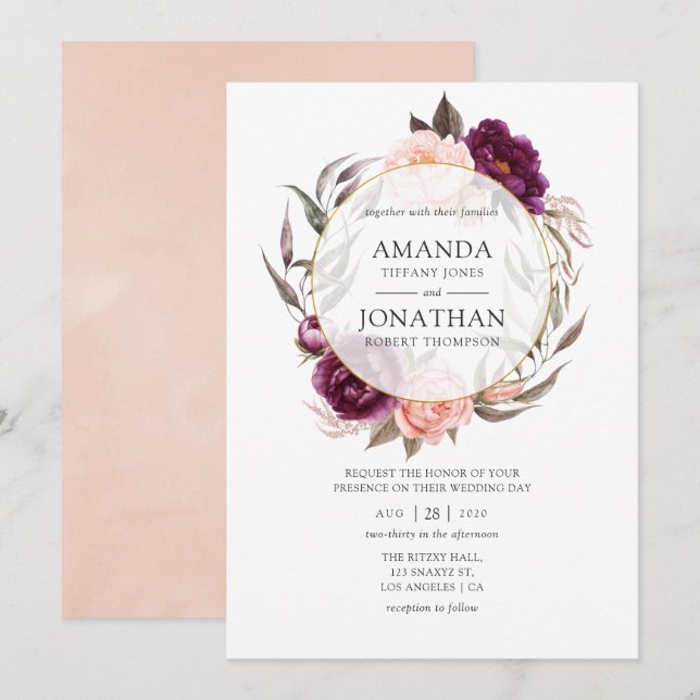 Burgundy Plum and Blush Floral Geometric Wedding Invitation (Front/Back)