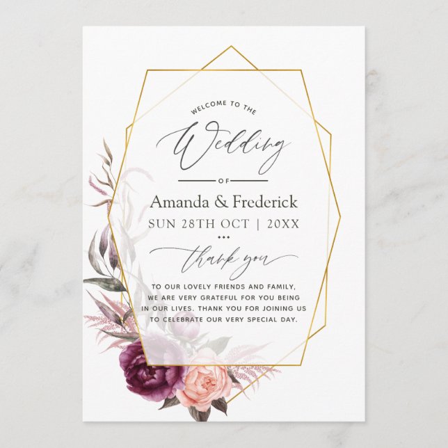 Burgundy Plum and Blush Floral Geometric Wedding Program (Front)