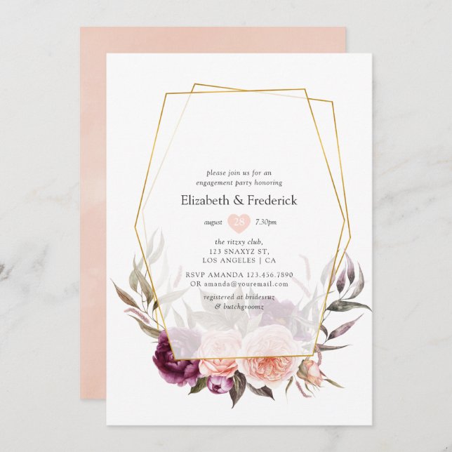 Burgundy Plum and Blush Geometric Engagement Party Invitation (Front/Back)