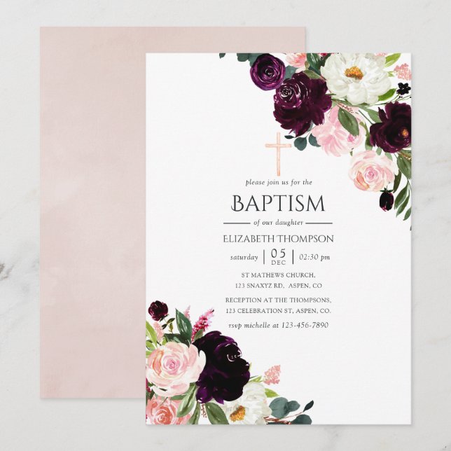 Burgundy Plum and Blush Pink Floral Baptism Invitation (Front/Back)