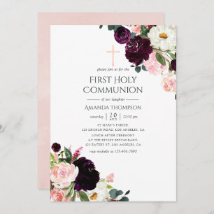 Burgundy Plum and Blush Pink Floral Holy Communion Invitation