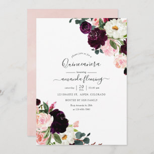 Burgundy Plum and Blush Pink Floral Quinceañera Invitation