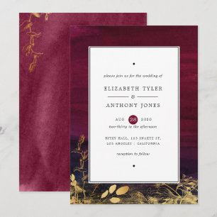 Burgundy Plum and Gold Watercolor Wedding Invitation