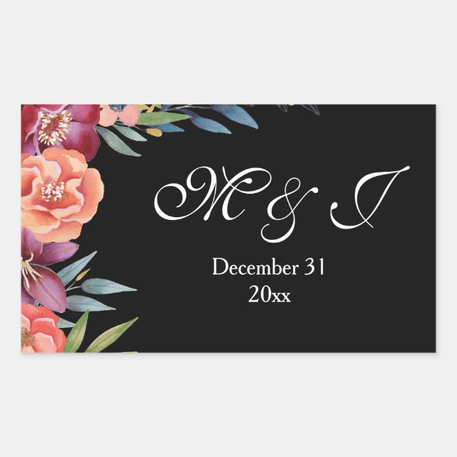 Burgundy & Plum Black Elegant Tropical Monogram Rectangular Sticker (Front)