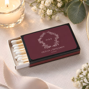 Burgundy Plum Botanical Wreath Monogram Wedding Matchboxes