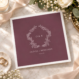 Burgundy Plum Botanical Wreath Monogram Wedding Napkins