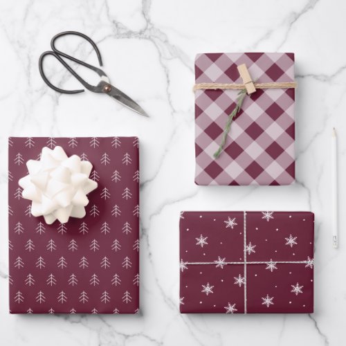 Burgundy Plum  Coordinating Holiday Pattern Wrapping Paper Sheets