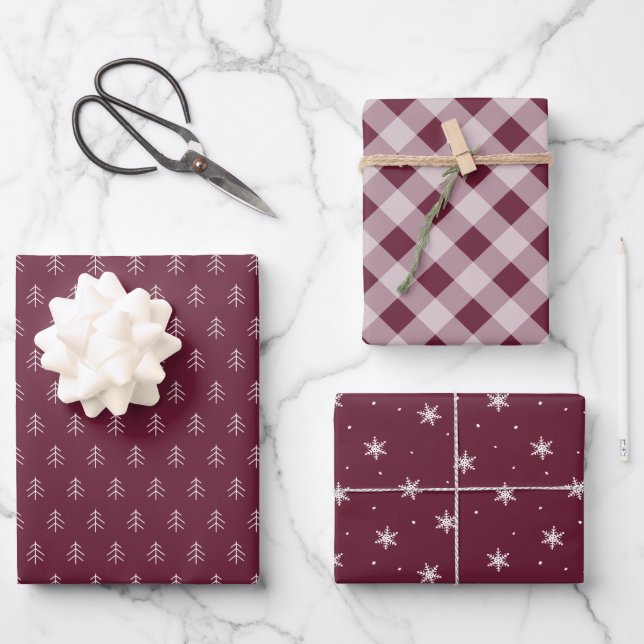 Burgundy Plum | Coordinating Holiday Pattern Wrapping Paper Sheets (Front)