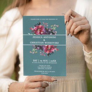 Burgundy Plum Floral Smoke Green Wedding Invitation