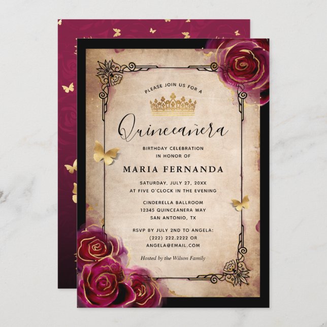 Burgundy Plum Gold Elegant Rose Quinceanera Invitation (Front/Back)