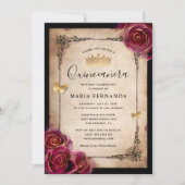 Burgundy Plum Gold Elegant Rose Quinceanera Invitation (Front)