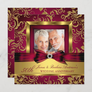 Burgundy Plum Gold Photo 50th Wedding Anniversary Invitation