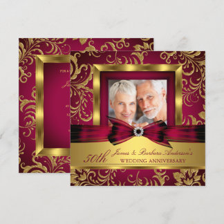 Burgundy Plum Gold Photo 50th Wedding Anniversary Invitation