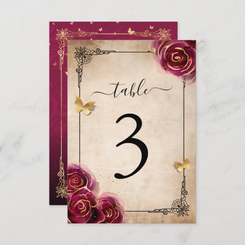 Burgundy Plum Gold Rose Wedding Table Number Cards