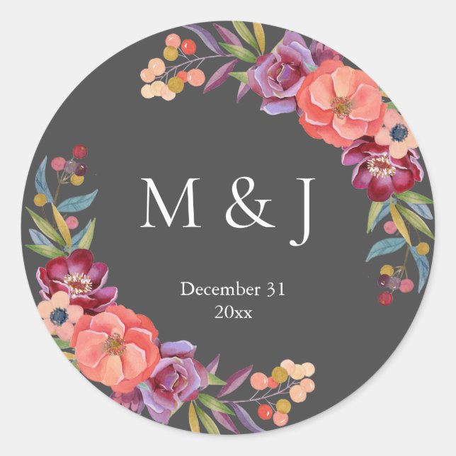 Burgundy & Plum Gray Elegant Tropical Monogram V2 Classic Round Sticker (Front)