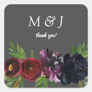 Burgundy Plum Navy Floral Gray Thank You Square Sticker