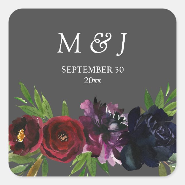 Burgundy Plum Navy Floral Monogram Gray Square Sticker (Front)