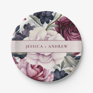 Burgundy Plum Purple Floral Watercolor Wedding Paper Plates
