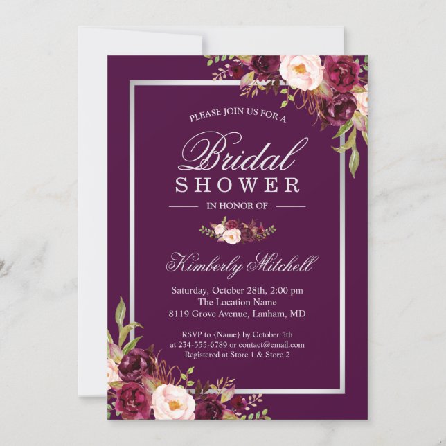 Burgundy Plum Purple Flowers Autumn Bridal Shower Invitation (Front)