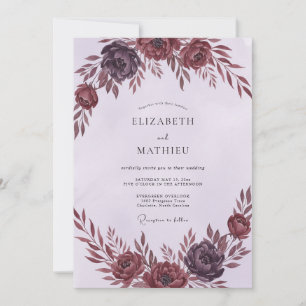 Burgundy Plum Ranunculus Grey Eucalyptus Wedding Invitation