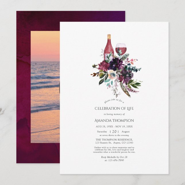 Burgundy Plum Red Wine Tasting Celebration of Life Invitation (Front/Back)