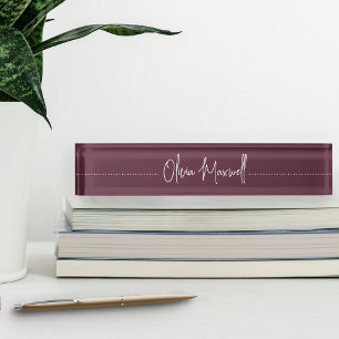 Burgundy Plum Sketched Cursive Script Desk Name Plate