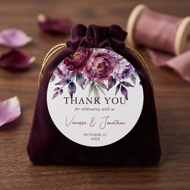 Burgundy Plum Watercolor Floral Wedding Thank You Classic Round Sticker (Creator Uploaded)