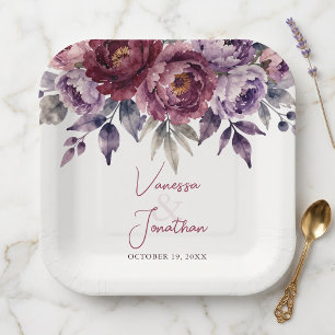 Burgundy Plum Watercolor Peony Fall Wedding Paper Plates