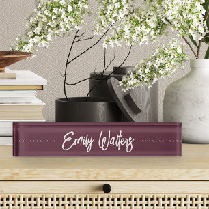 Burgundy Plum Wine Sketched Cursive Script Desk Name Plate