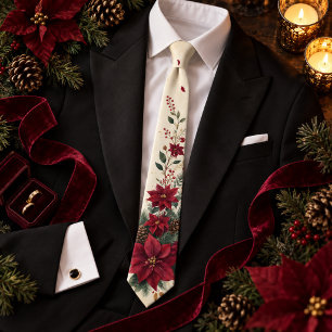 Burgundy Poinsettia Botanical Christmas Wedding Neck Tie
