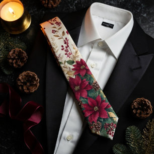 Burgundy Poinsettia Botanical Christmas Wedding Neck Tie