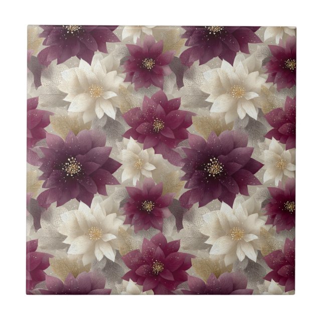 Burgundy Poinsettia Christmas Pattern (1) Ceramic Tile (Front)