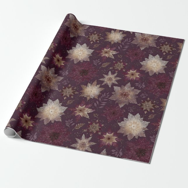 Burgundy Poinsettia Christmas Pattern (2) Wrapping Paper (Unrolled)