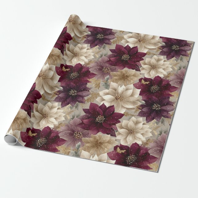Burgundy Poinsettia Christmas Pattern (5) Wrapping Paper (Unrolled)