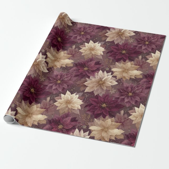 Burgundy Poinsettia Christmas Pattern (6) Wrapping Paper (Unrolled)