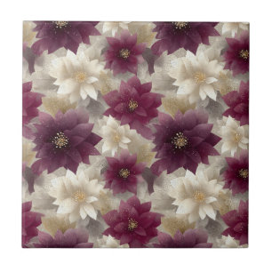 Burgundy Poinsettia Christmas Pattern Ceramic Tile