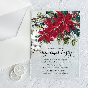 Burgundy Poinsettia Corporate Christmas Party Acrylic Invitations