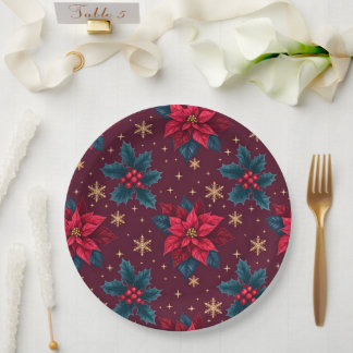 Burgundy Poinsettia & Gold Snowflake  Paper Plates