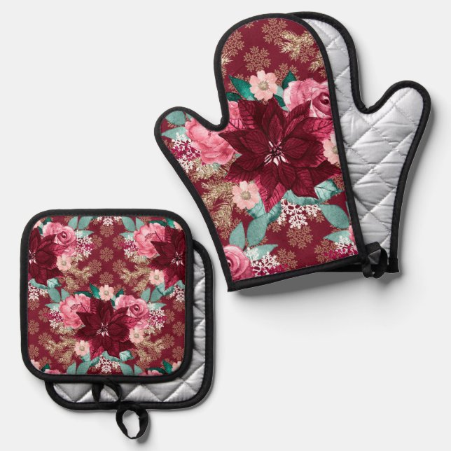 Burgundy Poinsettia Pink Roses Oven Mitt & Pot Holder Set (Front/Back)