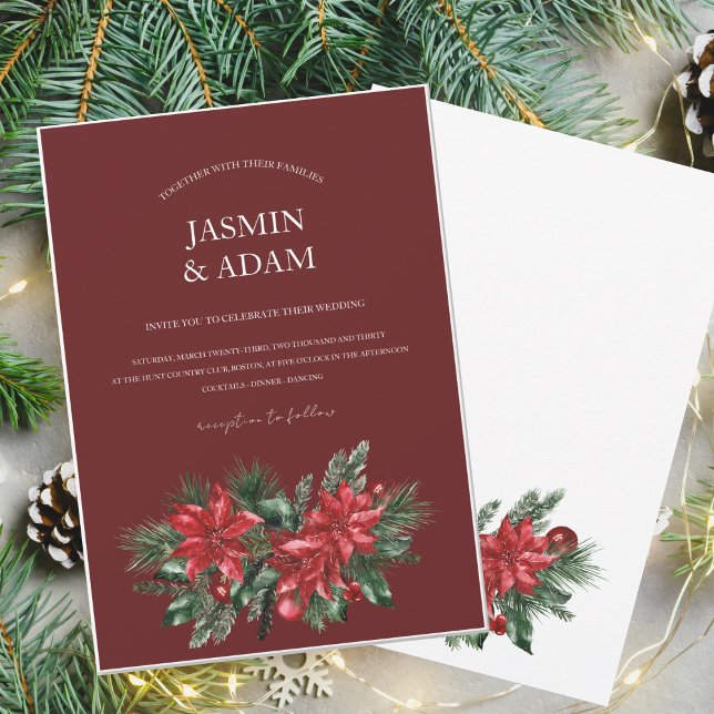Burgundy Poinsettia Winter Christmas Wedding Invitation (Creator Uploaded)