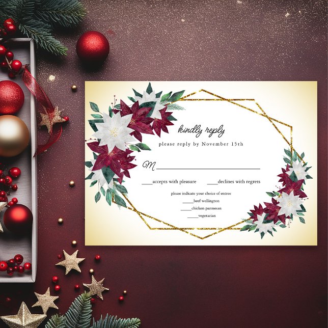 Burgundy Poinsettias Gold Frame Christmas Wedding RSVP Card (Creator Uploaded)