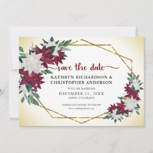 Burgundy Poinsettias Gold Glitter Christmas Save The Date
