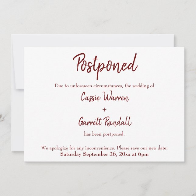 Burgundy Postponed Wedding Announcement (Front)
