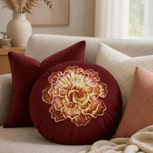 Burgundy (Primary) & Cream Rosette Elegance Round Pillow