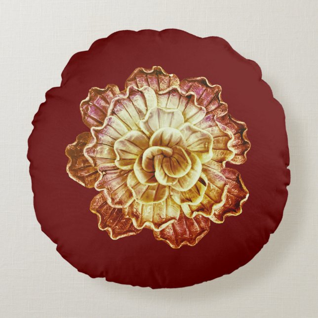 Burgundy (Primary) & Cream Rosette Elegance Round  Pillow (Front)