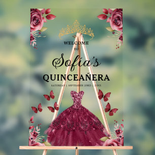 Burgundy Princess Quinceañera Birthday Welcome Acrylic Sign