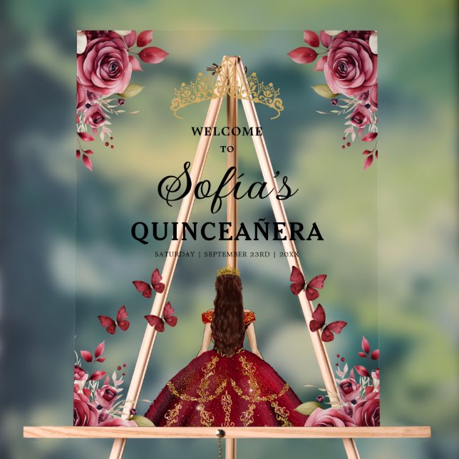 Burgundy Princess Quinceañera Birthday Welcome  Acrylic Sign (Neutral)